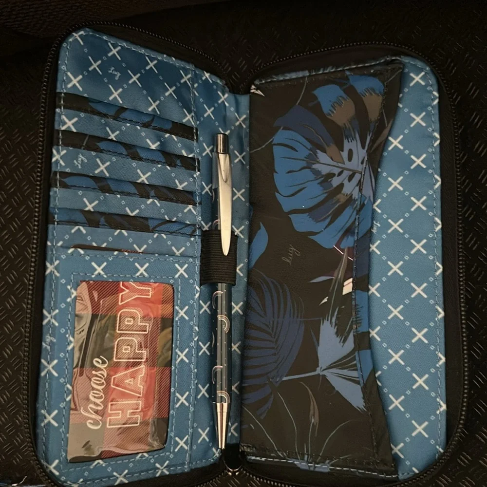 Lug Splits XL wallet botanical black w bonus free lug pen in rainbow navy NWOT